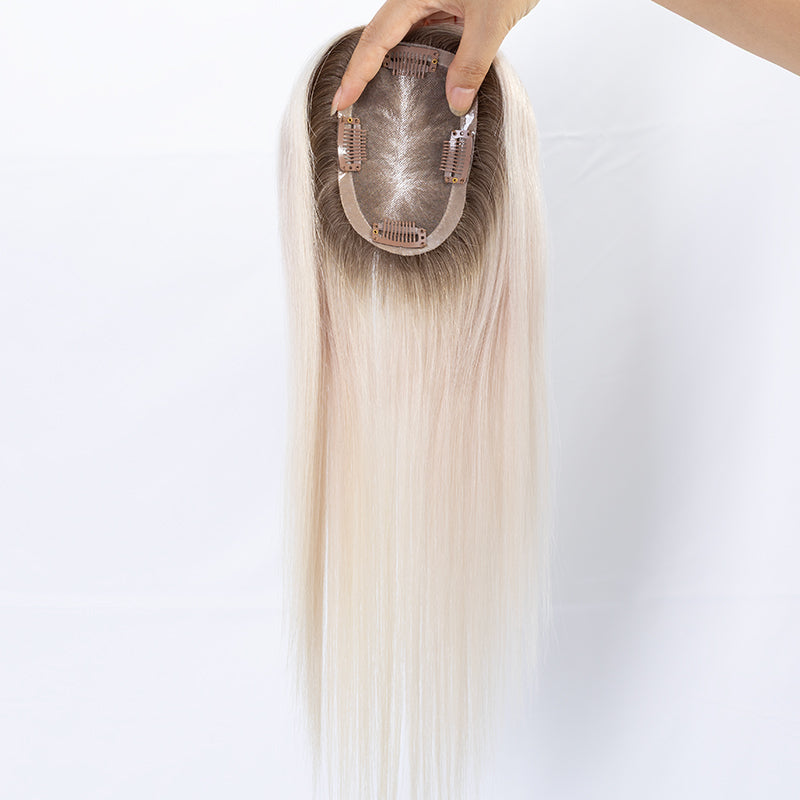 White Color Brown Root Virgin European Remy Hair Toupee Premium Remy Human Hair Mono Mesh Hair Toppers for Women