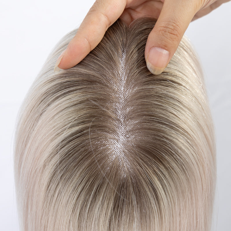 White Color Brown Root Virgin European Remy Hair Toupee Premium Remy Human Hair Mono Mesh Hair Toppers for Women