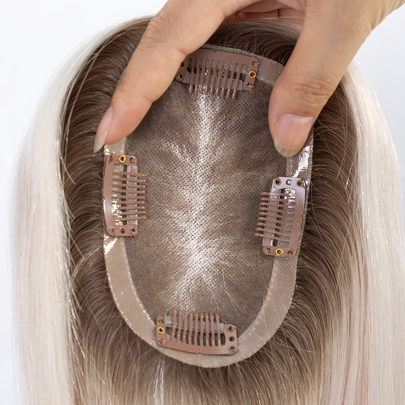 White Color Brown Root Virgin European Remy Hair Toupee Premium Remy Human Hair Mono Mesh Hair Toppers for Women